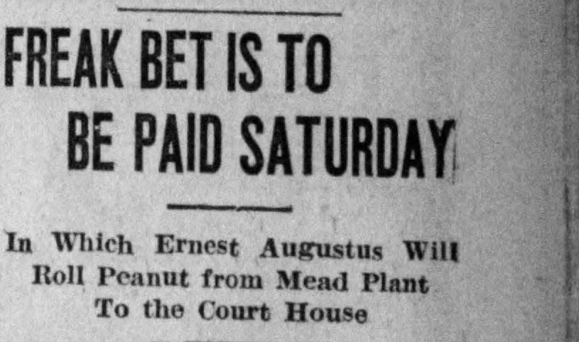 A clipping from the Chillicothe Gazette concerning a bet that Ernest “Gusty” Augustus, safety director at Mead. The bet was that President Calvin Coolidge, who had assumed the reins of power the year before after Warren G. Harding tragically died in office, would lose to his Democrat challenger, John W. Davis. If, instead, Coolidge won, the safety director promised to roll a peanut from the Mead plant to the courthouse.