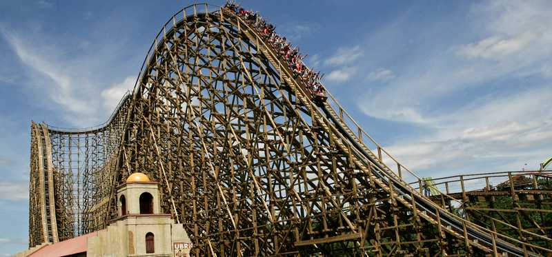 A wooden roller coaster at Six Flags.