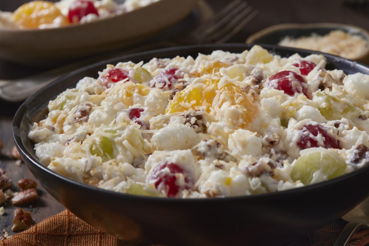 Vintage Ambrosia Salad with Mini Marshmallows, Maraschino Cherries, Green Grapes, Mandarin Oranges and Toasted Coconut