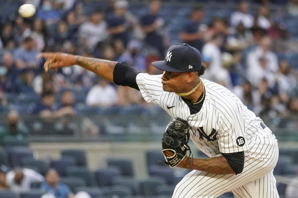 New York Yankees pitcher Luis Gil delivers in the second inning of the team's baseball game against the Baltimore Orioles, Tuesday, Aug. 3, 2021, in New York. (AP Photo/Mary Altaffer)