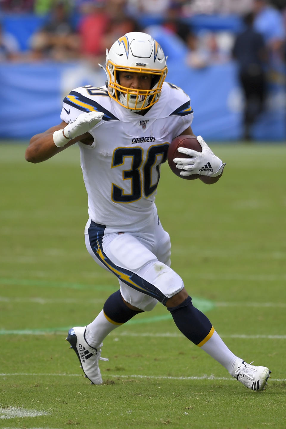 Los Angeles Chargers running back Austin Ekeler runs against the Houston Texans during the first half of an NFL football game Sunday, Sept. 22, 2019, in Carson, Calif. (AP Photo/Mark J. Terrill)