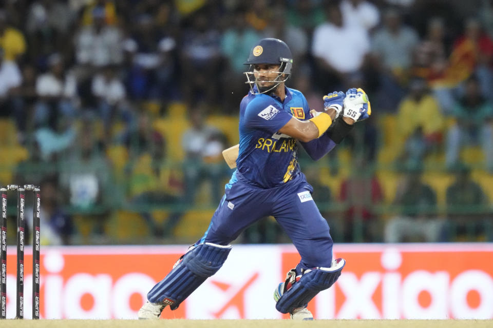 Sri Lanka's Dasun Shanaka plays a shot during the Asia Cup cricket match between Sri Lanka and Bangladesh in Colombo, Sri Lanka on Saturday, Sep. 9. (AP Photo/Eranga Jayawardena)