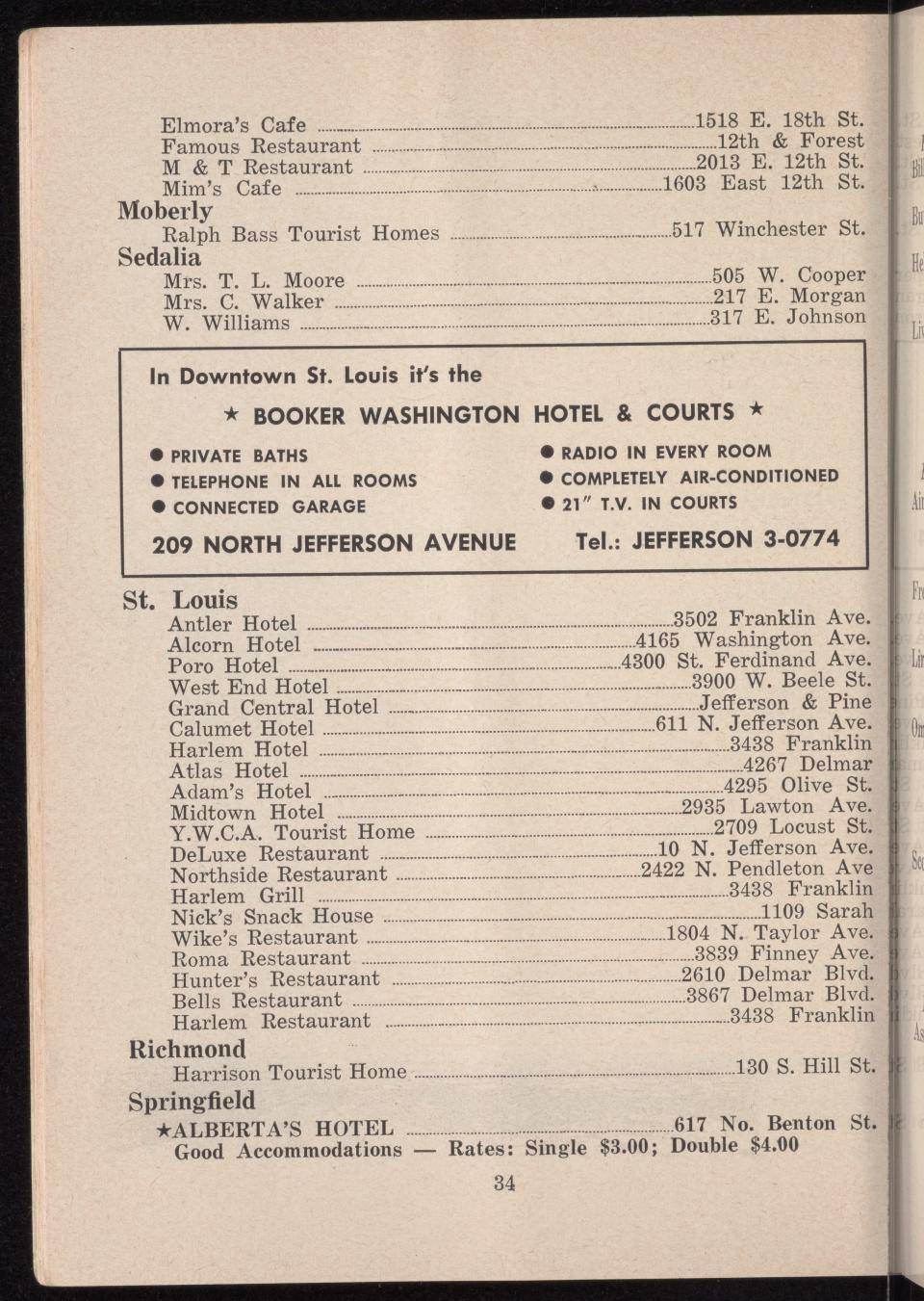 This page of the 1956 edition of The Green Book listed hotels and other businesses that offered hospitality to African Americans, including Alberta’s Hotel, owned by Springfield entrepreneur Alberta Ellis. The Green Book was a resource for Black families in an era when racism, segregation and “sundown towns” were rampant in the United States.