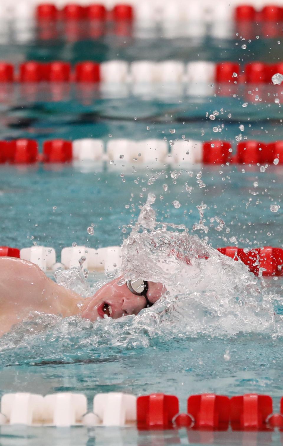 Central Catholic Anthony Korchnak competes in the 500 yard freestyle during the IHSAA swimming and diving sectionals meet, Saturday, Feb. 17, 2024, at Lafayette Jeff High School in Lafayette, Ind.