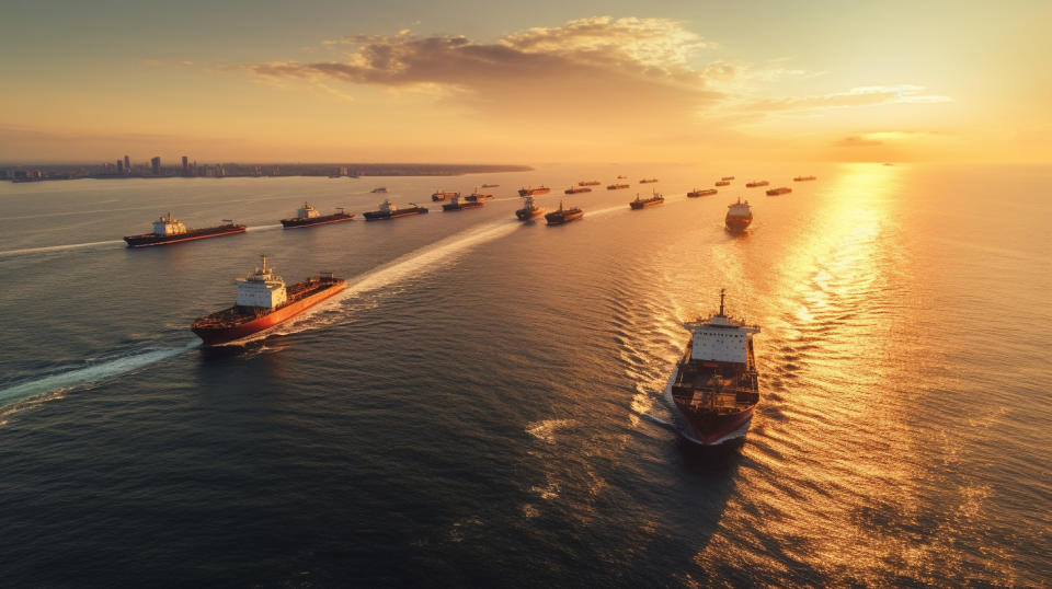 A fleet of tanker ships crossing the sea as they deliver oil and gas to their destinations.