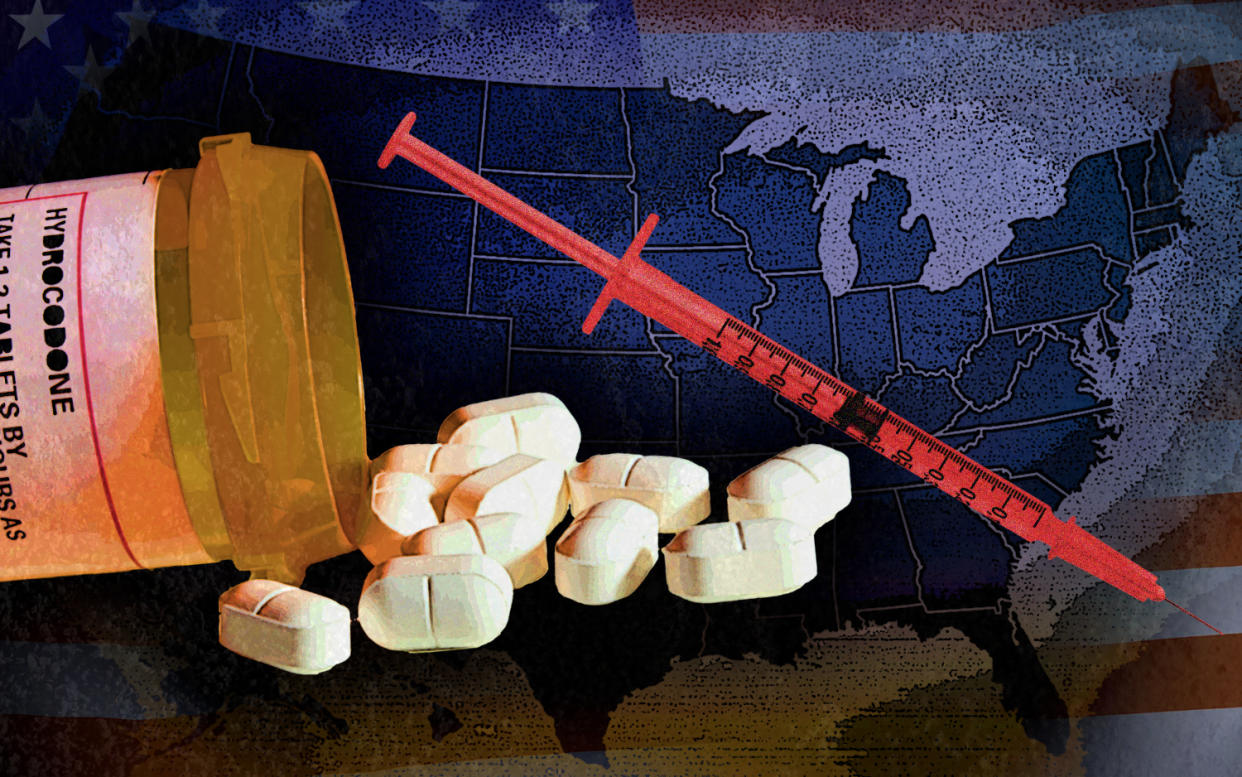 Americans consume a reported 80 percent of the world’s opioid supply despite being only 4.6 percent of the global population. (Yahoo News photo illustration; photos: iStockphoto/Getty Images, Getty Images, AP[2])