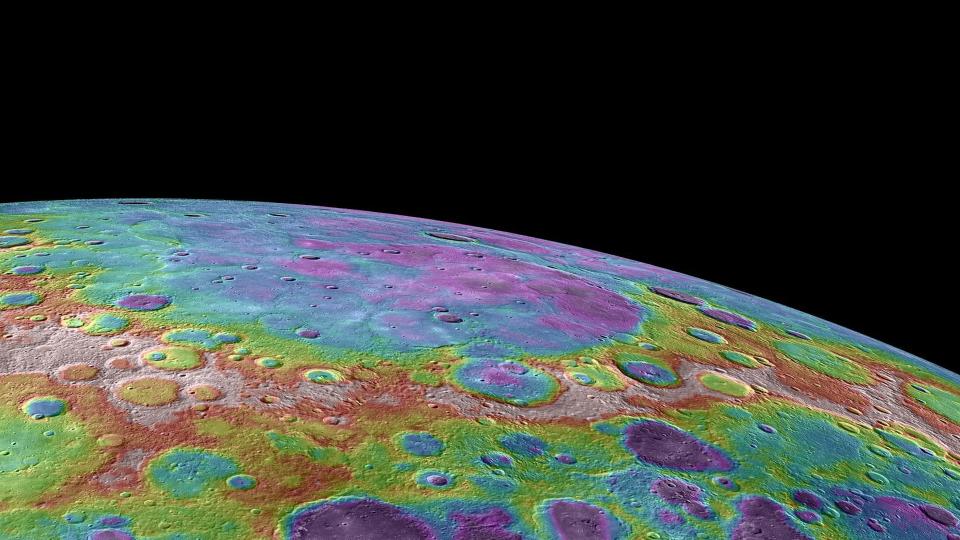  A rendered photo of Mercury with rainbow colors across its surface. 