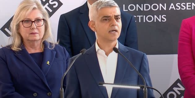 Susan Hall looks on as Sadiq Khan makes his victory speech.