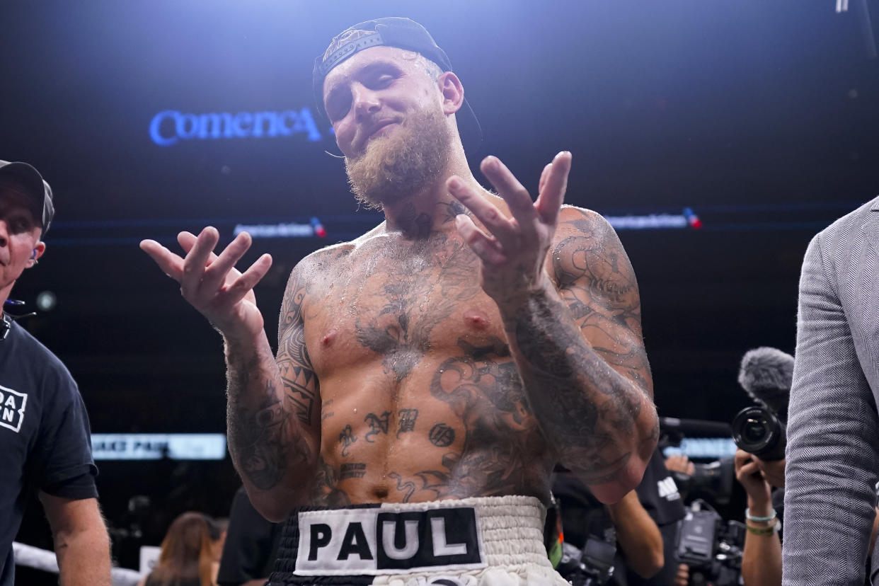 DALLAS, TEXAS - AUGUST 05: Jake Paul poses for a photo after defeating Nate Diaz at the American Airlines Center on August 05, 2023 in Dallas, Texas. (Photo by Sam Hodde/Getty Images)