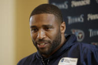 Tennessee Titans' linebacker Wesley Woodyard gives a press conference after an NFL training session at Syon House, in Syon Park, south west London, Friday, Oct. 19, 2018. The Tennessee Titans are preparing for an NFL regular season game against the Los Angeles Chargers in London on Sunday. (AP Photo/Matt Dunham)