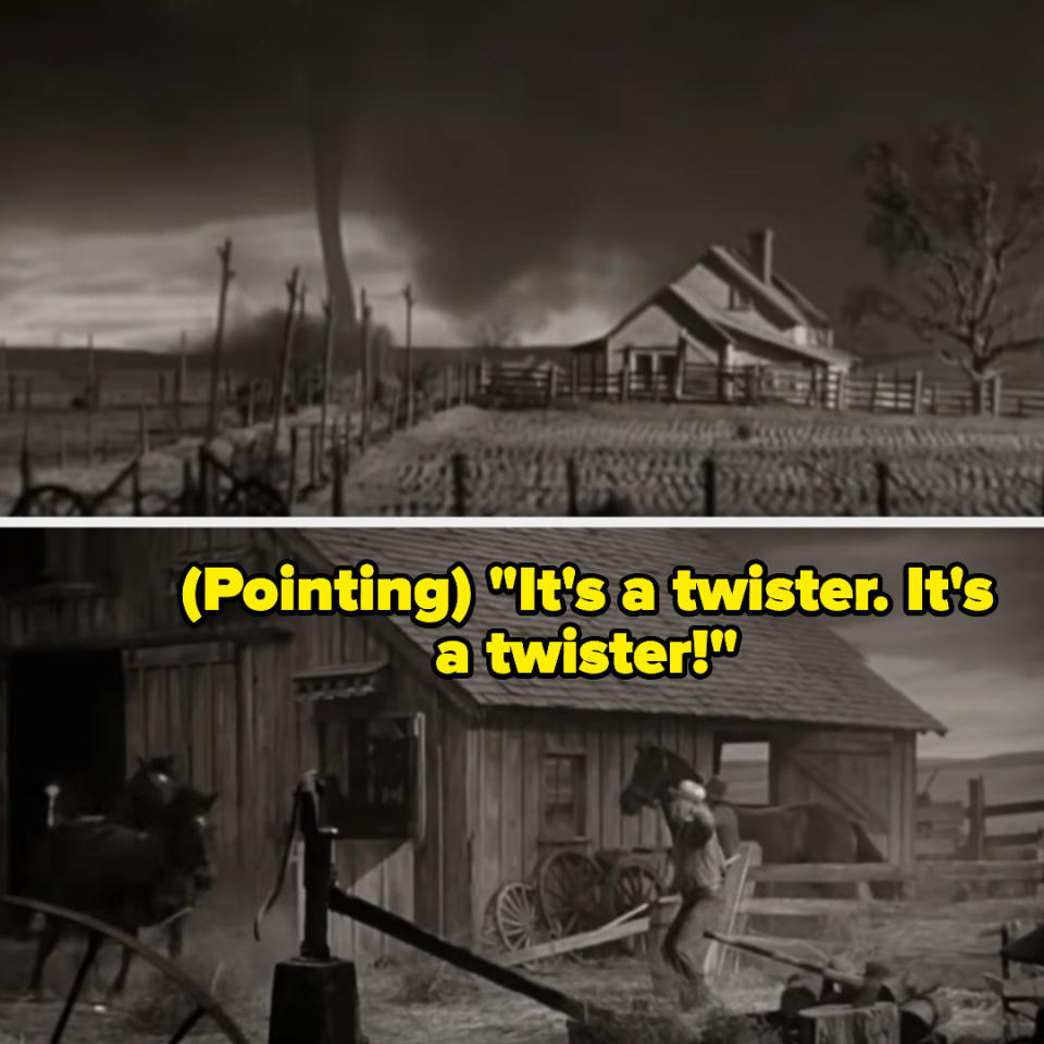 black and white stills of a farm area with a tornado in the background