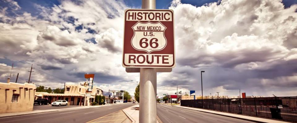 Historic route 66 route marker sign in New Mexico