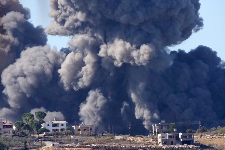 Black smoke rises from an Israeli airstrike on the outskirts of Aita al-Shaab, a Lebanese border village with Israel in south Lebanon on Saturday (Copyright 2023 The Associated Press. All right reserved)