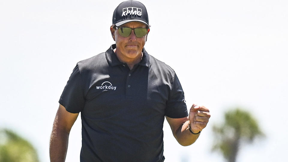 Phil Mickelson, pictured here after making birdie on the ninth during the second round of the PGA Championship.