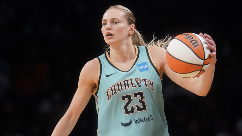 New York Liberty guard Marine Johannès has only two seasons of WNBA experience and is exempt from the prioritization clause this season. (AP Photo/Mary Altaffer)