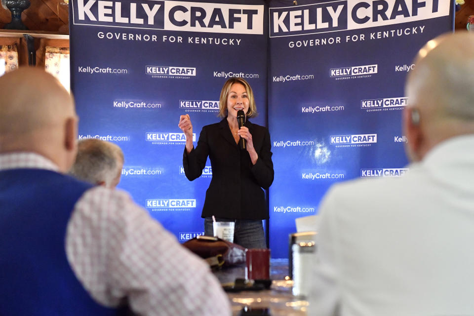 Kentucky gubernatorial candidate Kelly Craft speaks with supporters during a campaign stop in Liberty, Ky., Wednesday, May 3, 2023. (AP Photo/Timothy D. Easley)