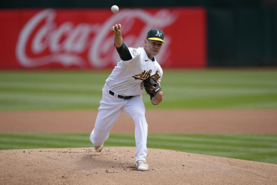 Oakland Athletics pitcher Drew Rucinski works against the Seattle Mariners during the first inning of a baseball game in Oakland, Calif., Thursday, May 4, 2023. (AP Photo/Tony Avelar)