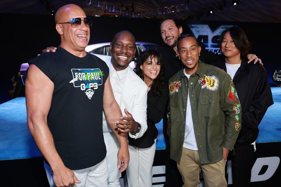 los angeles, california february 09 l r vin diesel, tyrese gibson, michelle rodriguez, louis leterrier, ludacris, and sung kang attends the trailer launch of universal pictures' 