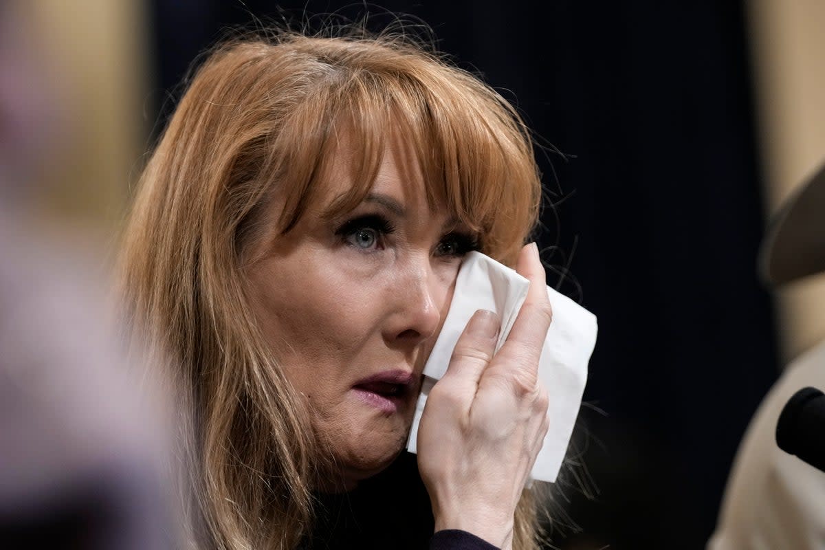 Rebecca Kiessling, a mother from Michigan who lost two sons to fentanyl poisoning, wipes away tears during a House Homeland Security Committee about the U.S-Mexico border on Capitol Hill February 28 (Getty Images)