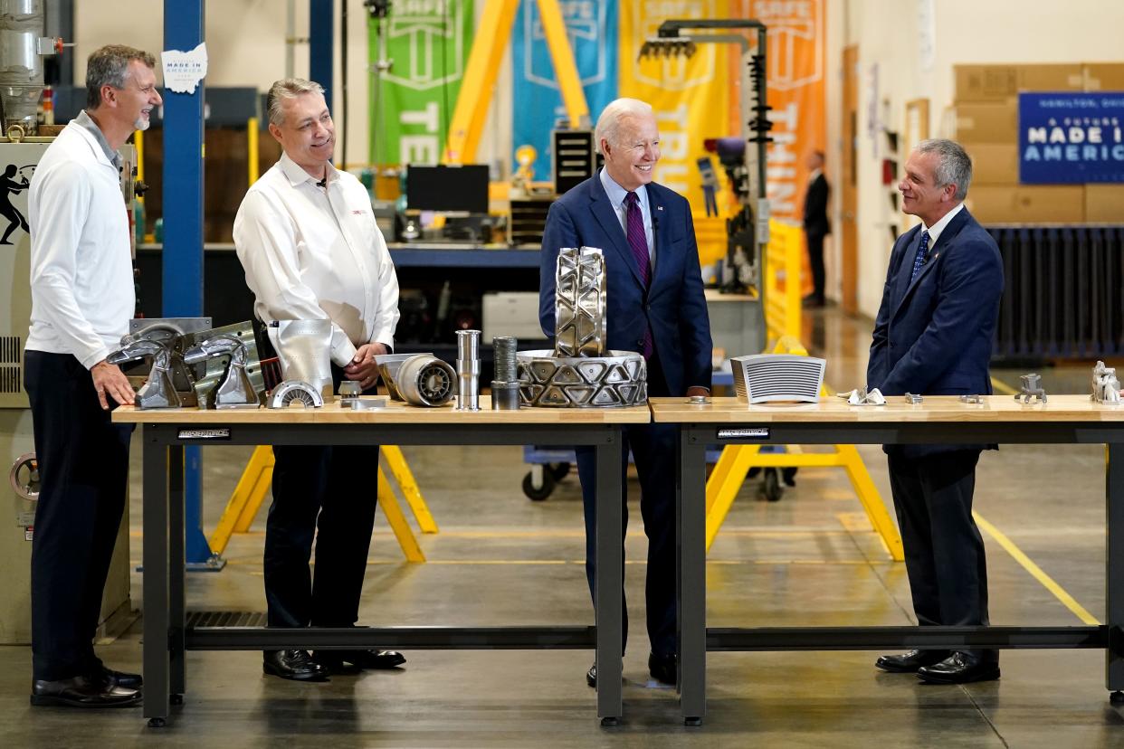 President Joe Biden tours United Performance Metals, Friday, May 6, 2022, in Hamilton, Ohio, to push Congress to pass a bill designed to boost manufacturing in the United States, particularly products hampered by overseas supply chain issues, caused by factors including the COVID-related lockdowns in China and the war in Ukraine.