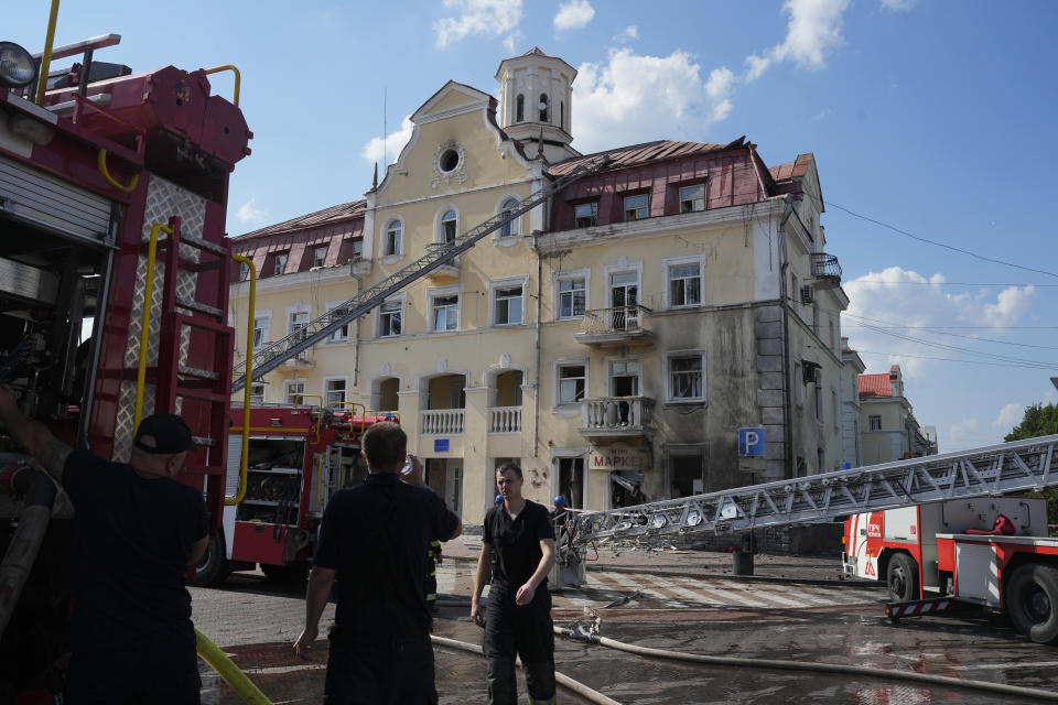 Emergency services work at a damaged area after Russian attack in Chernihiv, Ukraine, Saturday, Aug. 19, 2023. (AP Photo/Efrem Lukatsky)