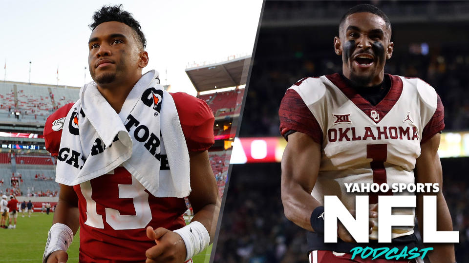 Former teammates at Alabama, Tua Tagovailoa's draft stock may be sliding and Jalen Hurts' might be rising just over one week out from the 2020 NFL Draft. (Photo Credits: Kevin C. Cox/Ronald Martinez/Getty Images)
