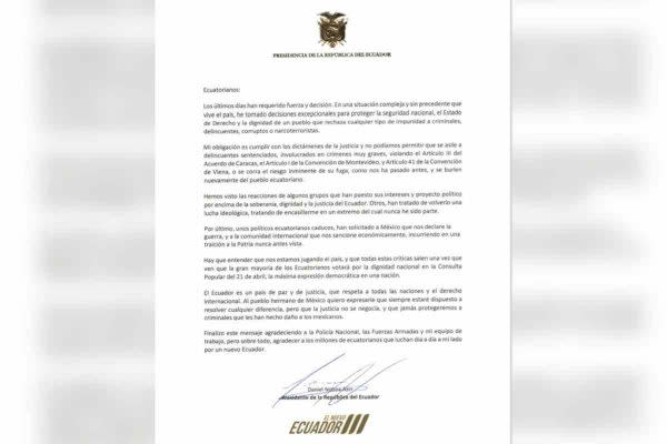 Carta del presidente de Ecuador