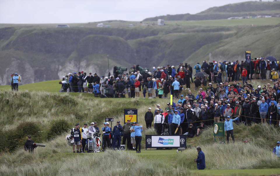 David Duval of The United States plays his shot from the 7th hole during the first round of the British Open Golf Championships at Royal Portrush in Northern Ireland, Thursday, July 18, 2019.(AP Photo/Peter Morrison)