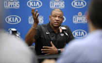 Los Angeles Clippers head coach Doc Rivers speaks during media day at the NBA basketball team's practice facility Monday, Sept. 24, 2018, in Los Angeles. (AP Photo/Mark J. Terrill)