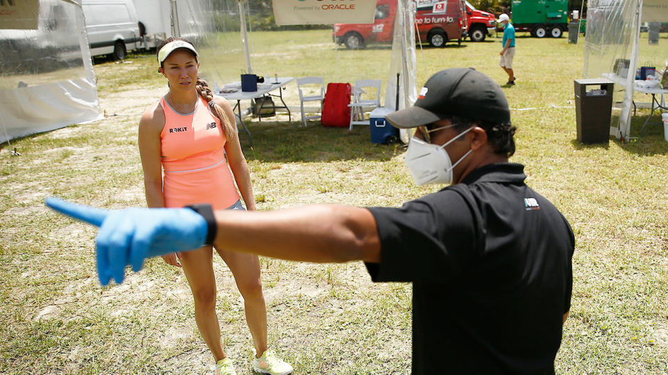 Pictured here, Danielle Collins undergoing safety checks at a tennis event in Florida.