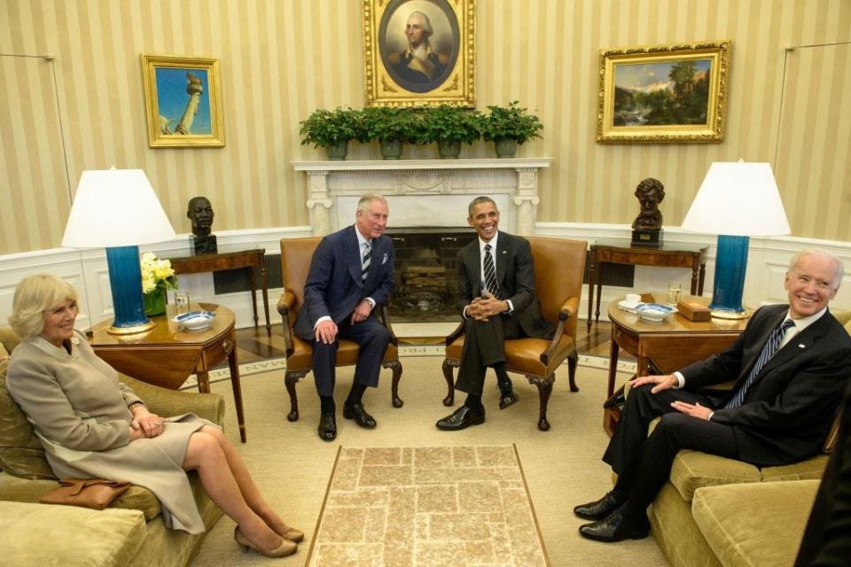 Prince Charles and Camilla sit in the Oval Office with Barack Obama and Joe Biden