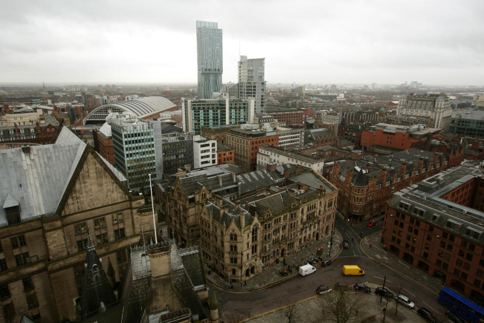 General view of Manchester city centre from the top of Manchester Town Hall.