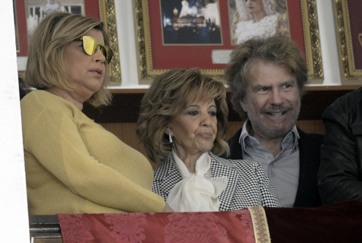 MALAGA, SPAIN - MARCH 26:  Terelu Campos, her mother Maria Teresa Campos (C) and Edmundo Arrocet attend a procession during Holy Week celebrations on March 26, 2018 in Malaga, Spain.  (Photo by Europa Press/Europa Press via Getty Images)