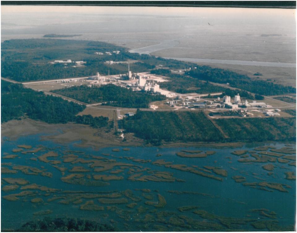 Aerial view of the Thiokol Chemical Corporation plant in Woodbine, Georgia. Circa 1960s.