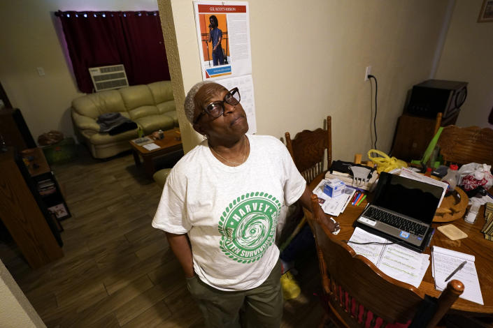 HOLD FOR MOVEMENT WITH STORY BY JUAN LOZANO—Doris Brown answers a question during an interview inside her home Friday, July 31, 2020, in Houston. Brown's home flooded during Harvey and she's part of a group called the Harvey Forgotten Survivors Caucus. (AP Photo/David J. Phillip)