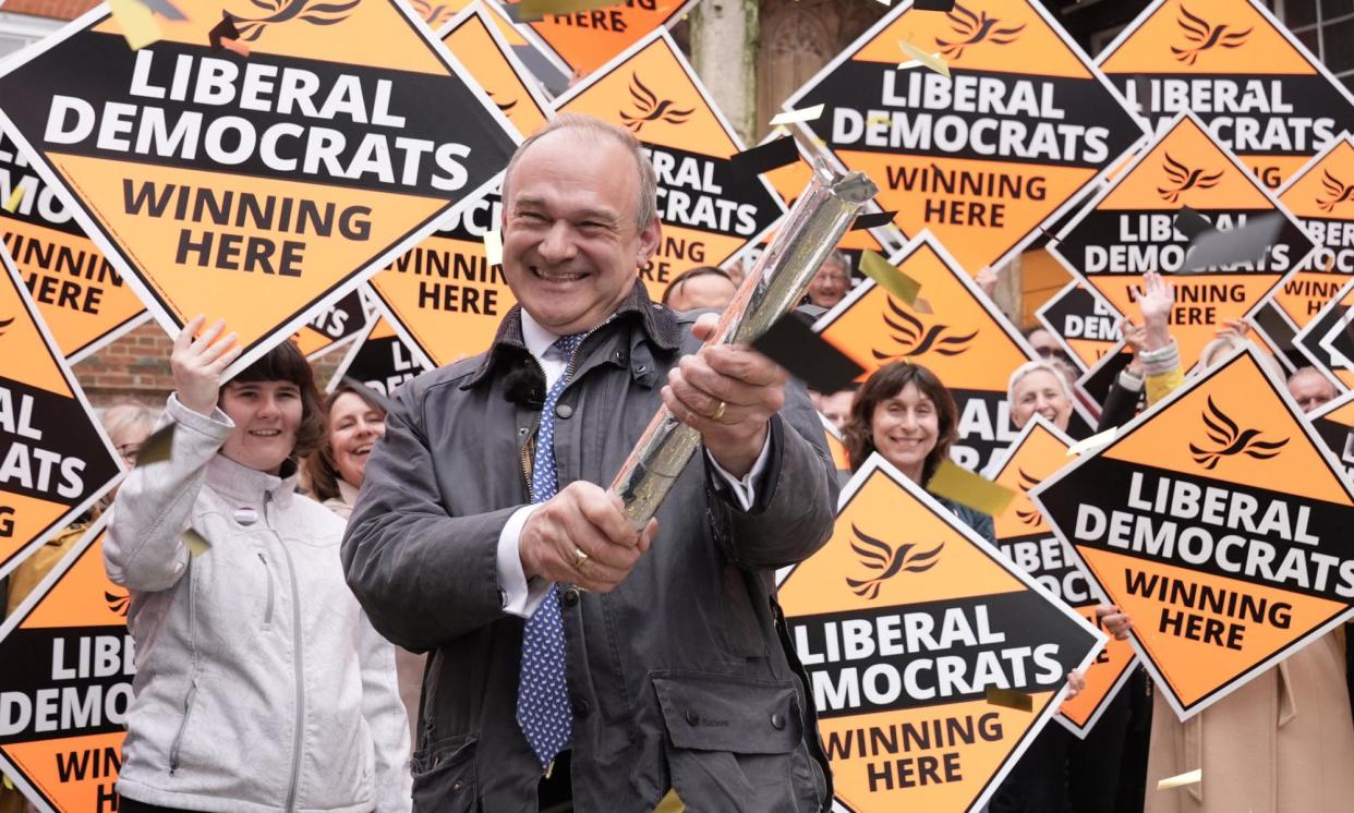 <span>The Lib Dem leader, Ed Davey, celebrates his party’s local election gains at a rally in Winchester on Friday. </span><span>Photograph: Stefan Rousseau/PA</span>
