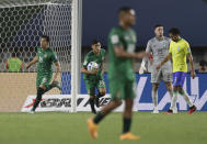 Victor Abrego of Bolivia, left, celebrates scoring his side's opening goal against Brazil during a qualifying soccer match for the FIFA World Cup 2026 at Mangueirao stadium in Belem, Brazil, Friday, Sept. 8, 2023. (AP Photo/Bruna Prado)