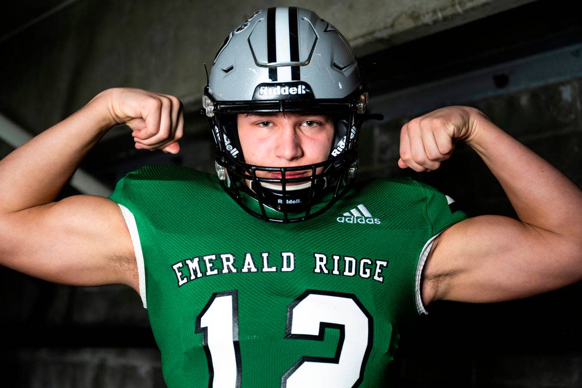 Emerald Ridge senior Jacob Lane poses for a portrait after being selected as a defensive lineman for The News Tribune’s 2022 All-Area football team, at Mount Tahoma High School in Tacoma, Wash. on Dec. 4, 2022.