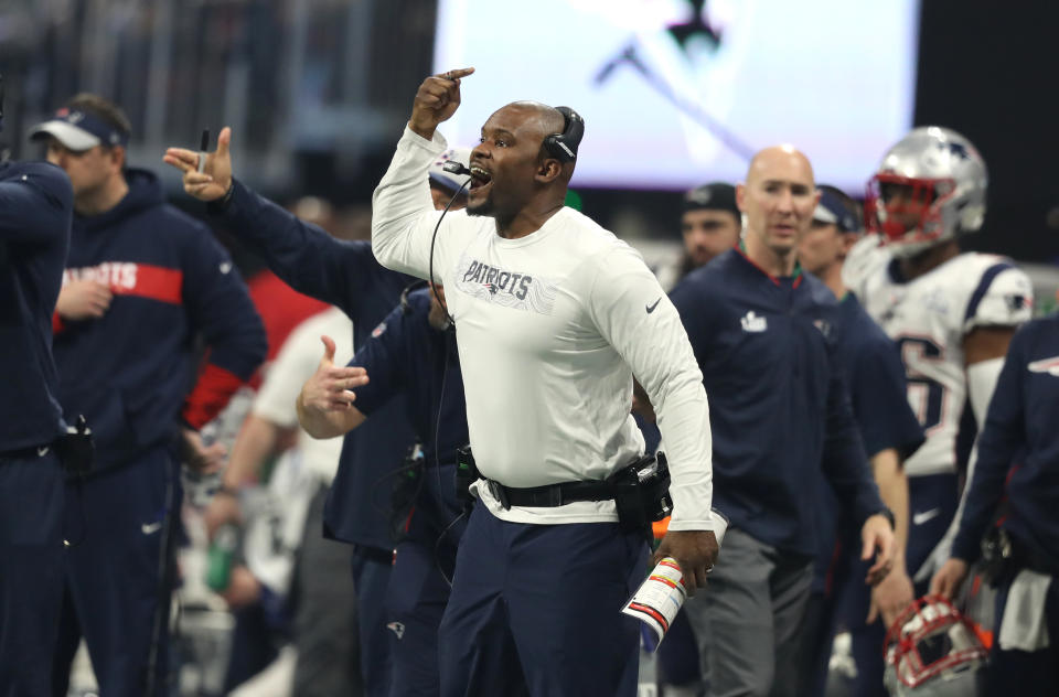 Patriots defensive play-caller Brian Flores helped lead an attack that beat up the Rams in Super Bowl LIII. (Getty Images)