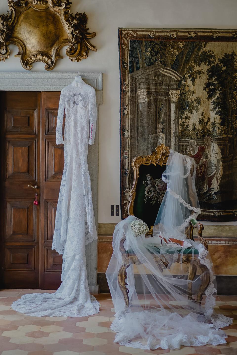 Giorgia Gabriele Wore a Custom Off-White Wedding Dress With a 26-Foot Train to Her Ceremony on Lake Como