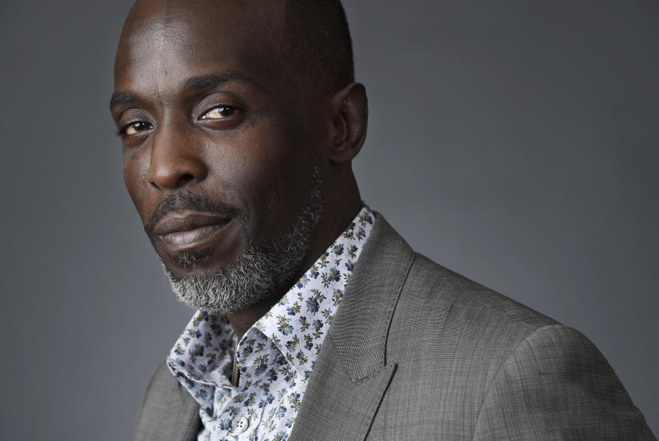 FILE - In this Saturday, July 30, 2016, file photo, Michael Kenneth Williams, a cast member in the HBO series "The Night Of," poses for a portrait during the 2016 Television Critics Association Summer Press Tour at the Beverly Hilton in Beverly Hills, Calif. Williams, who played the beloved character Omar Little on “The Wire,” has died. New York City police say Williams was found dead Monday, Sept. 6, 2021, at his apartment in Brooklyn. He was 54. (Photo by Chris Pizzello/Invision/AP, File)