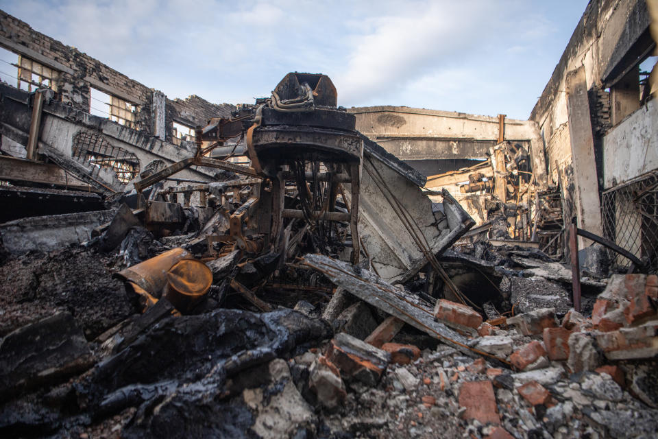 BUCHA, UKRAINE - 2022/04/06: View of a destroyed factory in Bucha, a town near Kyiv that was recently liberated from Russian forces. Russia invaded Ukraine on 24 February 2022, triggering the largest military attack in Europe since World War II. (Photo by Laurel Chor/SOPA Images/LightRocket via Getty Images)