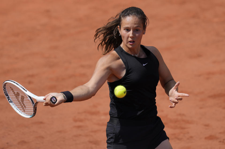 Russia's Daria Kasatkina plays a return to Switzerland's Belinda Bencic during their second round match on day four of the French Open tennis tournament at Roland Garros in Paris, France, Wednesday, June 2, 2021. (AP Photo/Thibault Camus)