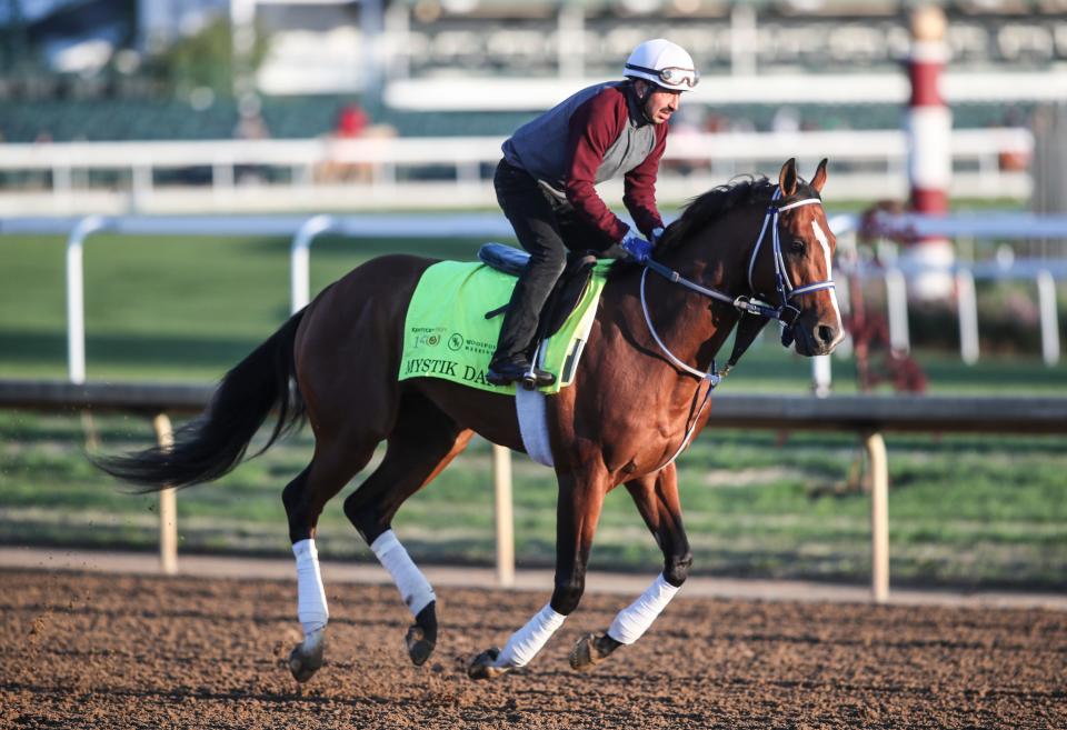 Kentucky Derby contender Mystik Dan works out at Churchill Downs in Louisville, Ky. April 25, 2024. Trainer is Kenny McPeek.