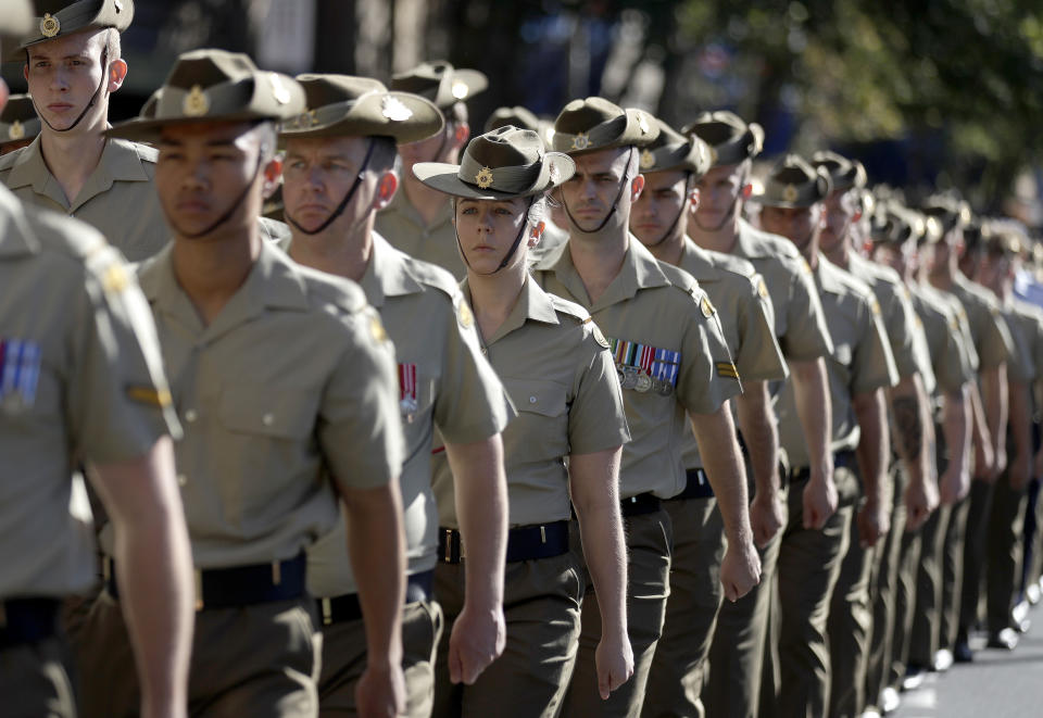Members of the Australian Army march to celebrate ANZAC Day, a national day of remembrance in Australia and New Zealand that commemorates those that served and died in all wars, conflicts, and while peacekeeping, in Sydney, Australia, Thursday, April 25, 2019. (AP Photo/Rick Rycroft)