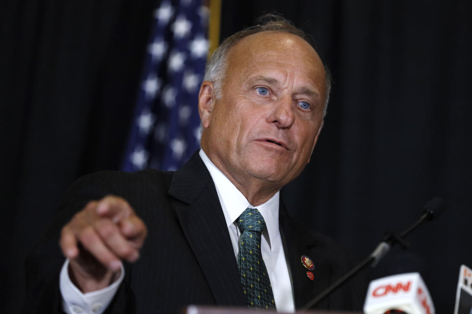 U.S. Rep. Steve King, R-Iowa, speaks during a news conference, Friday, Aug. 23, 2019, in Des Moines, Iowa. (AP Photo/Charlie Neibergall)