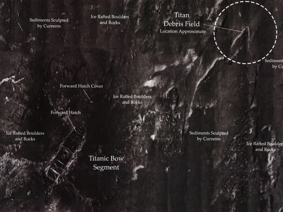Eine Karte von RMS Titanic zeigt den Seeboden rund um das Wrack der Titanic – und den Ort des Wracks des Titan-Tauchboots von OceanGate. - Copyright: RMS Titanic, Inc