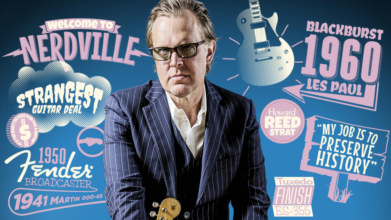  A portrait of blues guitarist Joe Bonamassa surrounded by a graphic with the names of many of the guitars. 