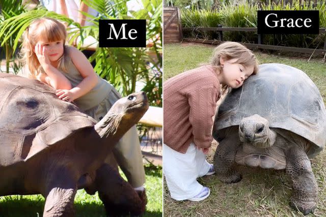 <p>bindi irwin/instagram</p> Conservationist Bindi Irwin and daughter Grace pose similarly next to a tortoise.