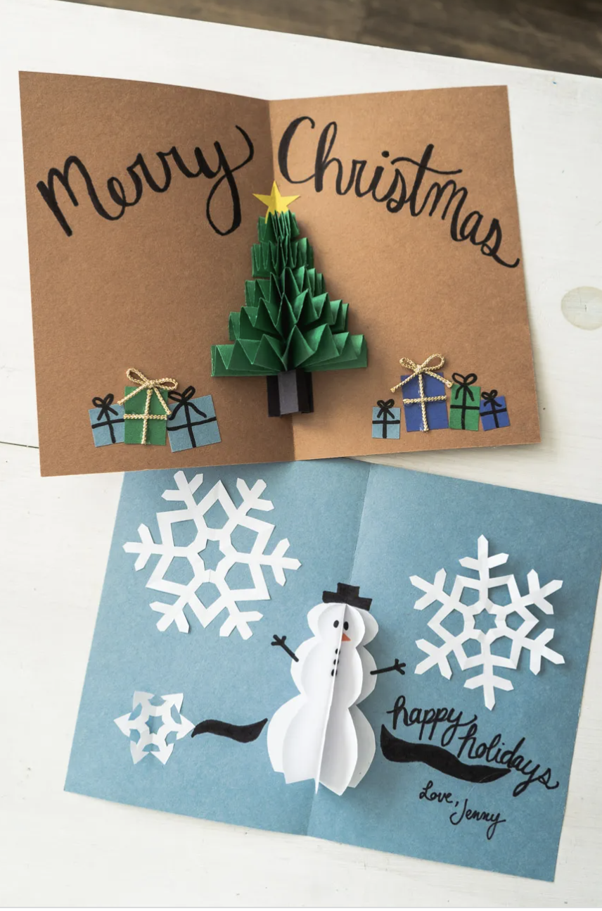 <p>Do you want to build a pop-up snowman card? It's always fun when handmade cards have a 3D element. The tutorial also shows how to make cards with pop-up trees.</p><p><a href="https://sweetteal.com/2018/11/diy-pop-up-christmas-cards/" rel="nofollow noopener" target="_blank" data-ylk="slk:Get the tutorial at Sweet Teal »;elm:context_link;itc:0;sec:content-canvas" class="link "><em>Get the tutorial at Sweet Teal »</em></a></p>